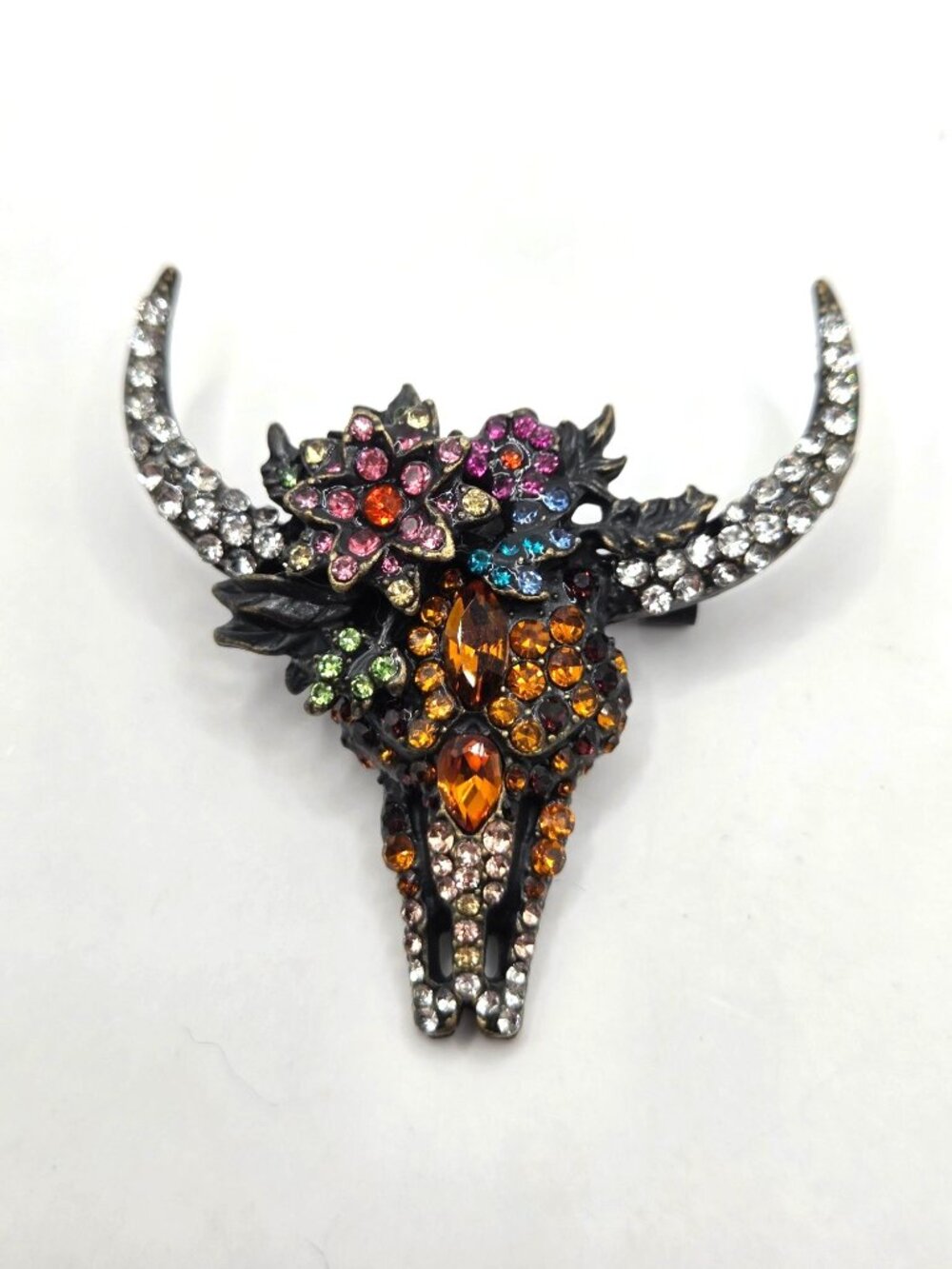 Rhinestone Longhorn Bull Skull Brooch Pin With Multicolor Floral Accents & Antiq
